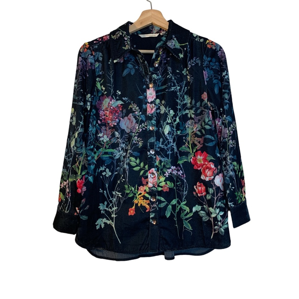 Soft Surroundings Jardim Midnight Blue Velvet Floral Button Down Blouse Size PS
